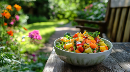 Vibrant Summer Salad Bowl In Garden Setting, Fresh And Healthy Food With Colourful Backgroundの素材