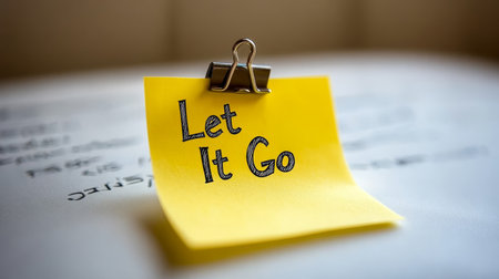 Yellow Sticky Note with a Binder Clip and Let It Go Message on a Blurred White Backgroundの素材