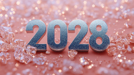 Metallic 2028 Number on Sparkling Coral Background for New Year Celebration Greeting Card Designの素材