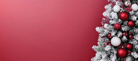 Frosted Christmas Tree Detail With Red and White Ornaments, on a Red Background With Copy Spaceの素材
