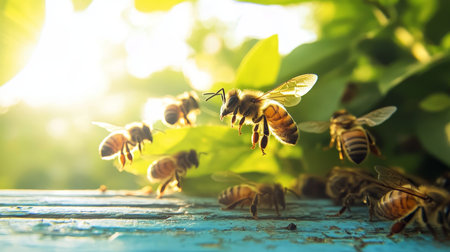 Hardworking bees collecting honey and pollinating flowers in a beautiful sunny gardenの素材