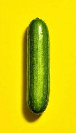 Single, Vibrant Green Cucumber Isolated on Yellow A Bold and Graphic Study of Fresh Produceの素材