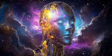 Cosmic Consciousness. Portrait on the backdrop of space with nebula, stars, illustration.の素材