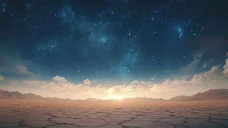 Sunrise Over a Barren Desert Landscape with a Stunning Starry Sky and Dramatic Clouds.の素材