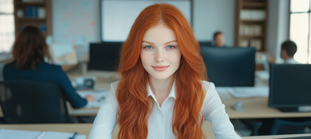 Confident Businesswoman with Red Hair Smiling in Modern Office, Businesswoman Portraitの素材