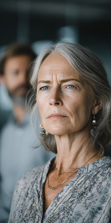 Concerned Senior Woman in Casual Wear A Portrait with a Blurred Defocused Modern Interior.の素材