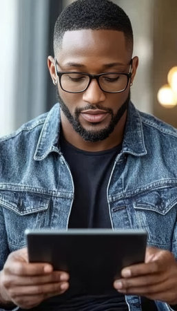 Concentrated Young Professional Absorbed in Digital Tablet, Enjoying Modern Cafe Atmosphere.の素材