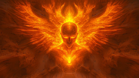 Fiery Human Form Symbolizing Spiritual Enlightenment, Inner Fire, and Transformational Powerの素材