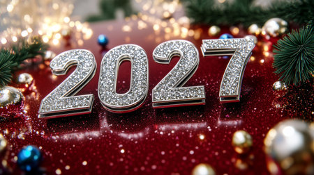 Silver Glitter 2027 Numbers on Red Sparkly Background with Baubles for New Year Celebration.の素材