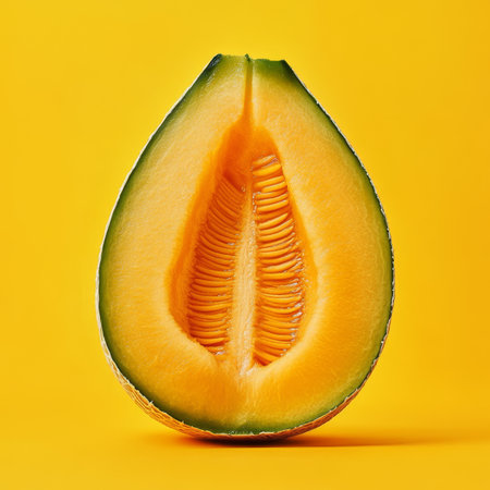 Juicy Cantaloupe Halved, Isolated on Vibrant Yellow Background, Showcasing Ripe and Textured Fruitの素材