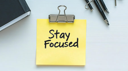 Yellow Sticky Note With Stay Focused Text, Office Supplies, Reminder and Motivation Conceptの素材