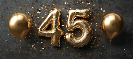 Gold Number 45 Balloons With Confetti Celebration On A Black Background For 45Th Birthdayの素材