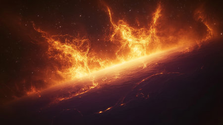 Fiery Nebula In Deep Space With Glowing Tendrils Illuminating An Unknown Planet, Space Exploration.の素材