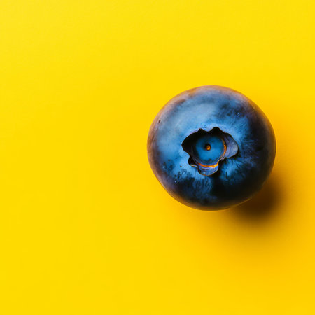 Single, ripe blueberry with smooth skin, isolated on a vibrant yellow background, deep blue tonesの素材