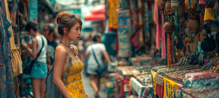 Woman Explores City Market, Vibrant Colors Of Shops And Wares Blurred In Background, Copy Spaceの素材