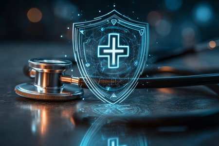Digital Health Shield and Stethoscope Conceptualizing Patient Protection and Data Security Emphasisの素材