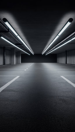 Sleek underground parking facility with geometric lines, bright lighting, and minimalist design.の素材