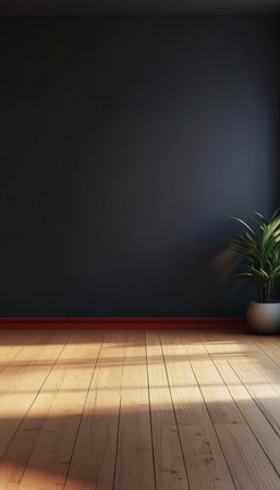 Cozy Interior with Black Wall, Light Reflecting from Wood Surface, and Stylish Potted Plant Decorの素材