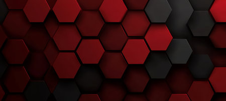 Creative Geometric Design Featuring a Hexagonal Structure with a Mosaic of Red and Dark Platesの素材