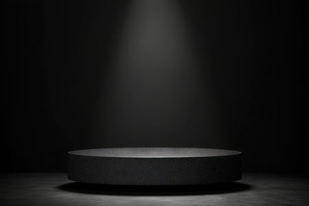 Elegant Round Podium Under Soft Spotlight Against Dark Gradient Plaster Wall for Modern Showcasesの素材
