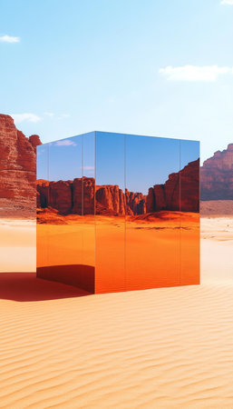 Stunning Optical Art Sandscape with Reflective Cube Displaying Desert Hills Under Bright Sunshineの素材