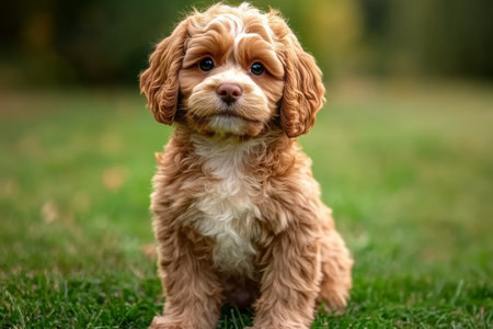 Adorable Cavoodle Puppy with Curly Fur Sitting Playfully on Green Grass in Bright Sunny Outdoorsの素材