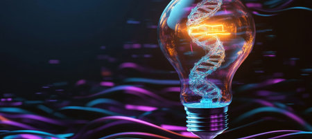 Futuristic Electric Bulb with Molecular Structures and Genetic Innovation in Dark Blue Backgroundの素材