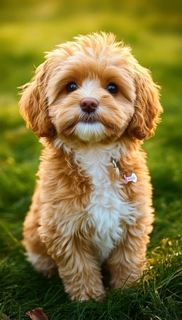 Cute Joyful Puppy Playing on a Green Field, Smiling and Enjoying a Beautiful Sunny Day Outdoorsの素材