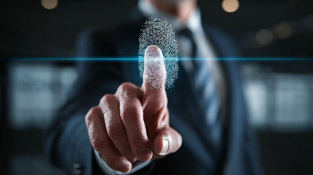 Businessman in Suit Enhancing Online Data Security with Digital Fingerprint Identity Verificationの素材