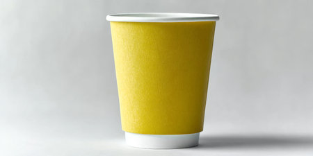 Bright Yellow Disposable Paper Drinking Cup on White Background for Cold Beverages Presentationの素材