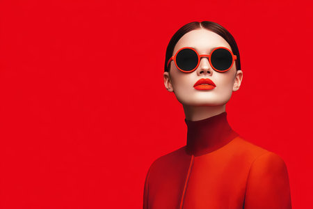 Fashionable Woman with Round Red Sunglasses Against a Bold Crimson Background, Exuding Styleの素材