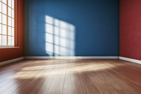 Bright and Airy Unfurnished Modern Room with Beautiful Blue Walls and Wooden Flooring, Sunlit Spaceの素材