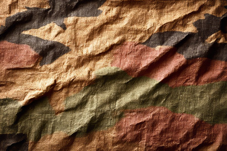 Authentic Distressed Camouflage Fabric Texture with Worn Earthy Tones for Military and Outdoor Useの素材