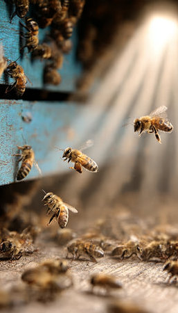 Sunlit Honey Production Worker Bees Returning to the Beehive, Gathering Nectar and Making Honeyの素材