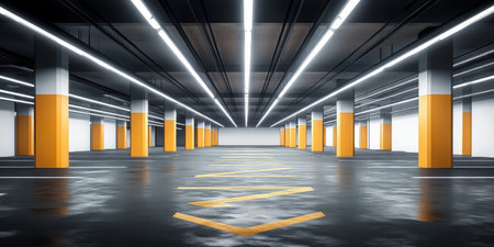 Spacious Indoor Parking Facility Featuring Ample Lighting, Clear Floor Design, and Modern Aestheticsの素材
