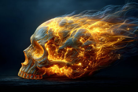 Intense Fiery Skull Surrounded by Glowing Flames, Capturing Dark Fantasy and Occult Symbolism Artの素材
