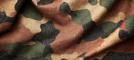 Worn Military Camouflage Fabric Featuring Earthy Tones and Rugged Texture for Authentic Backgroundsの素材