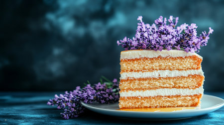 Decadent Layered Honey Cake Slice Adorned with Fresh Lavender Blooms and Irresistible Honey Drizzleの素材