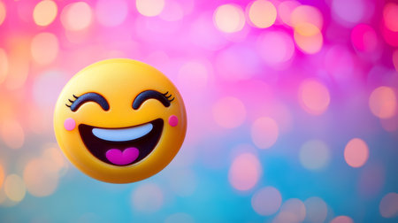Happy 3D Emoji with Pink Cheeks and Bright Smile on Colorful Blurred Bokeh Background Image.の素材