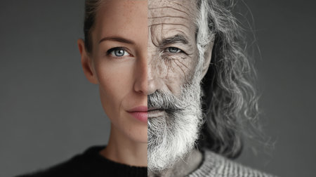 Conceptual Ageing Transformation Realistic Skin and Hair Reflecting Genetic Changes Through Timeの素材