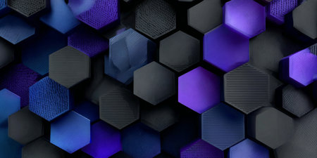 Geometric Abstract Design Featuring Purple and Blue Hexagons in a Modern Futuristic Backgroundの素材