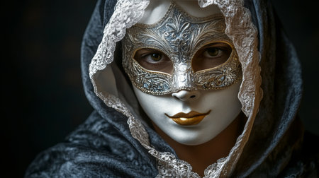 Mysterious Woman in a Silver Venetian Carnival Mask with Intricate Baroque Lace Detailingの素材