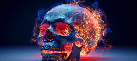 Intricate Fiery Skull Expression with Dark Gothic Elements and Haunting Symbolism in Artの素材