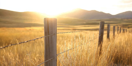 Golden Sunset Through Rustic Fence Posts and Barbed Wire, Farming, Idyllic Countryside Sceneryの素材
