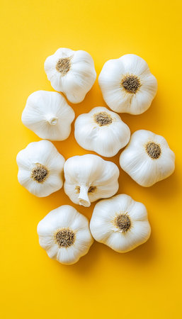 Fresh Garlic Bulbs, Creamy White With Textured Skin, Isolated on Vibrant Yellow Backgroundの素材