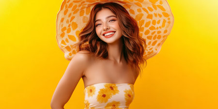 Portrait of a Joyful, Stylish Woman Smiling in a Sunflower Print Hat on Yellow Backgroundの素材