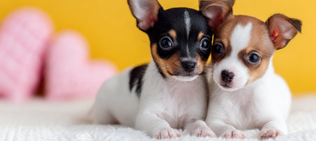 Two Tiny Chihuahua Puppies Snuggling Together on a Cozy Bed Surrounded by Adorable Pink Hearts.の素材