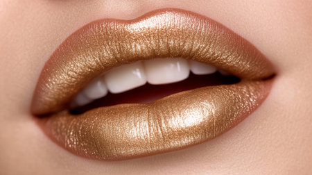 Close-Up Of Sensual Female Lips With Gold Lipstick, Beauty And Cosmetics Concept, Make-Upの素材