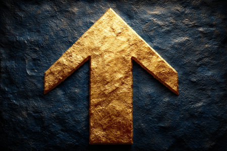 Gilded Arrow Pointing Upward on Rustic Surface, Symbolizing Growth and Success in Business Venturesの素材