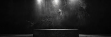Elegant Abstract Stage Podium with Black Platform and Spotlight Against Grungy Wall Backdropの素材
